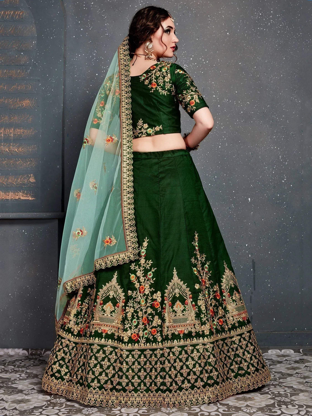 Tulsi Art Bottle Green Embroidered Silk Bridal Lehenga Choli | Grocsy