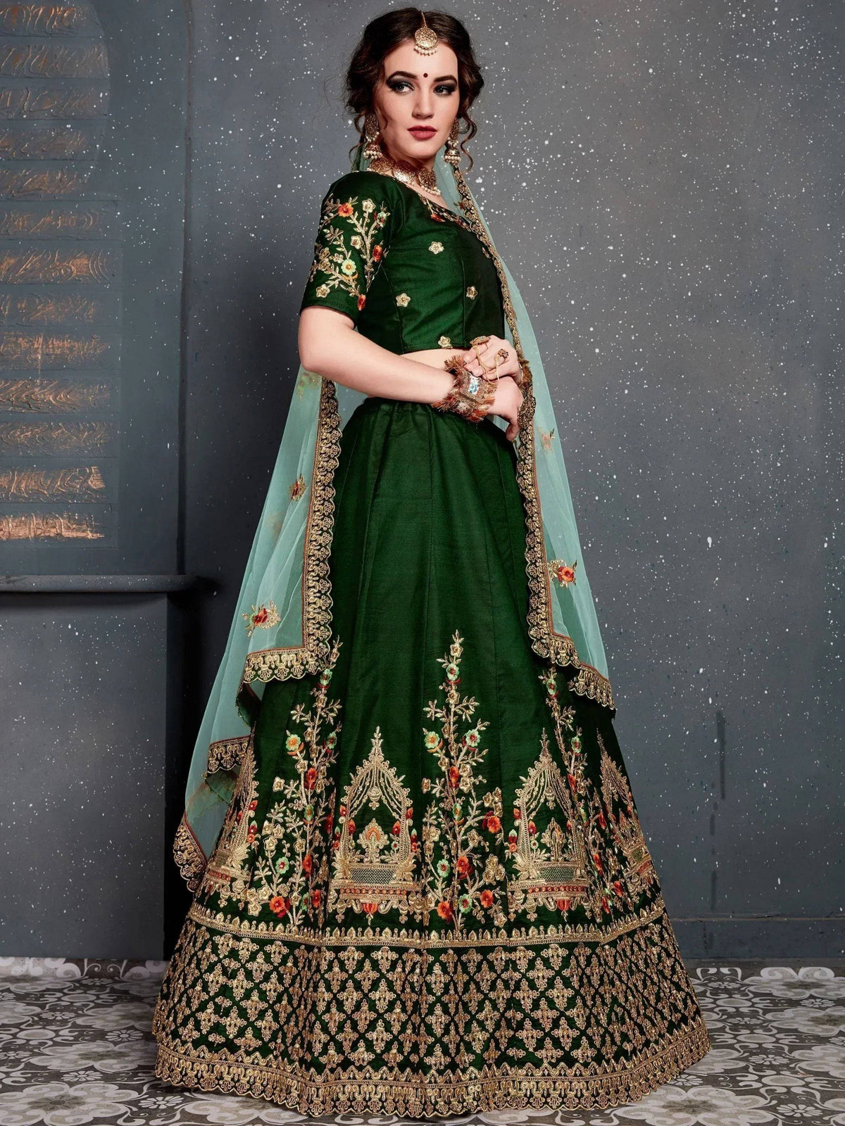 Tulsi Art Bottle Green Embroidered Silk Bridal Lehenga Choli | Grocsy