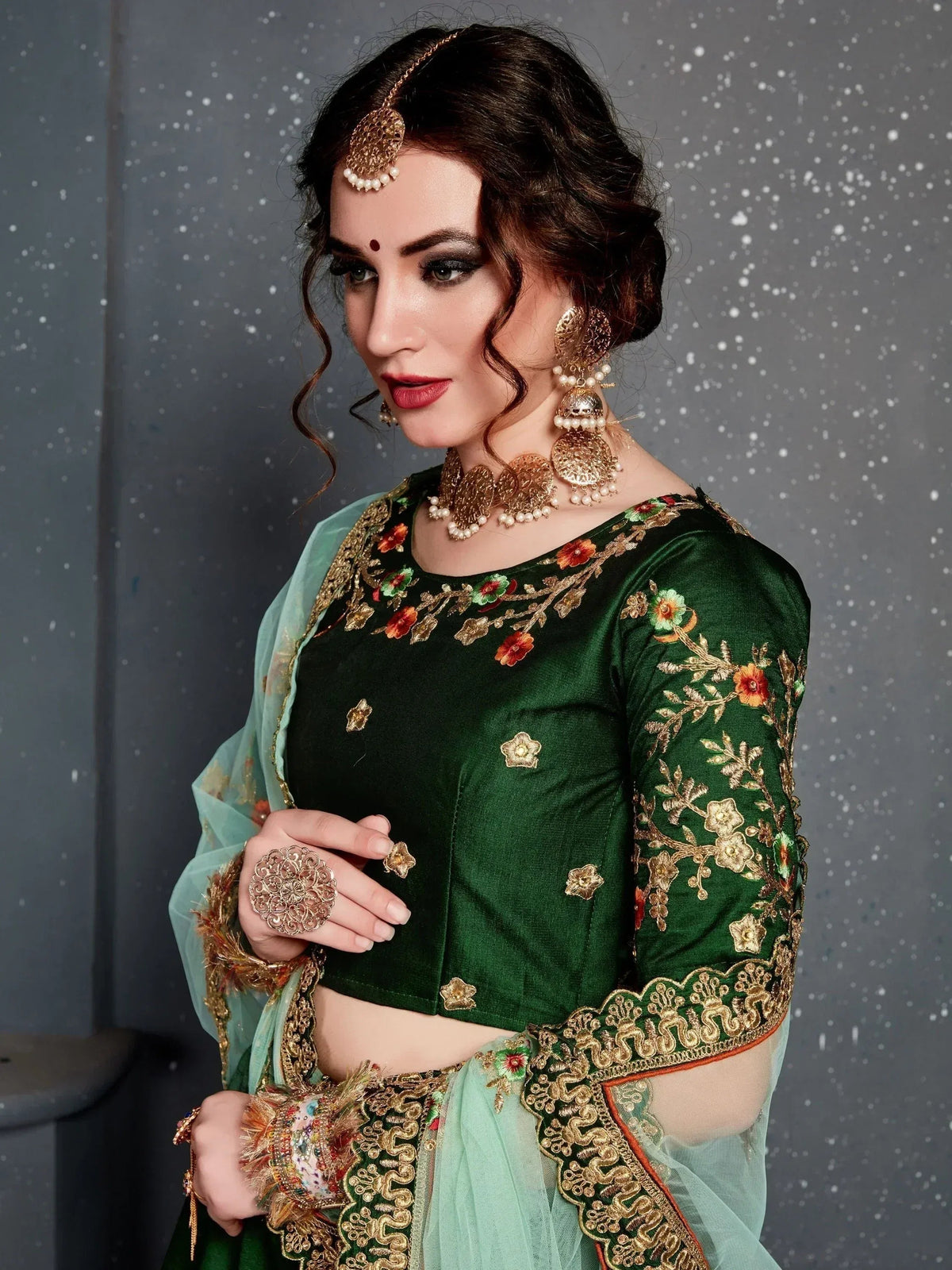Tulsi Art Bottle Green Embroidered Silk Bridal Lehenga Choli | Grocsy