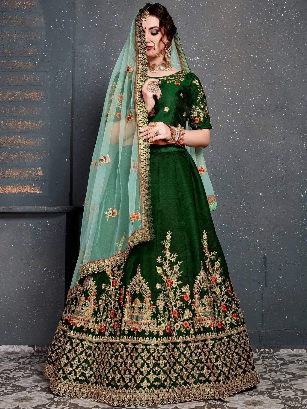 Tulsi Art Bottle Green Embroidered Silk Bridal Lehenga Choli | Grocsy