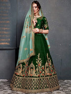 Tulsi Art Bottle Green Embroidered Silk Bridal Lehenga Choli | Grocsy