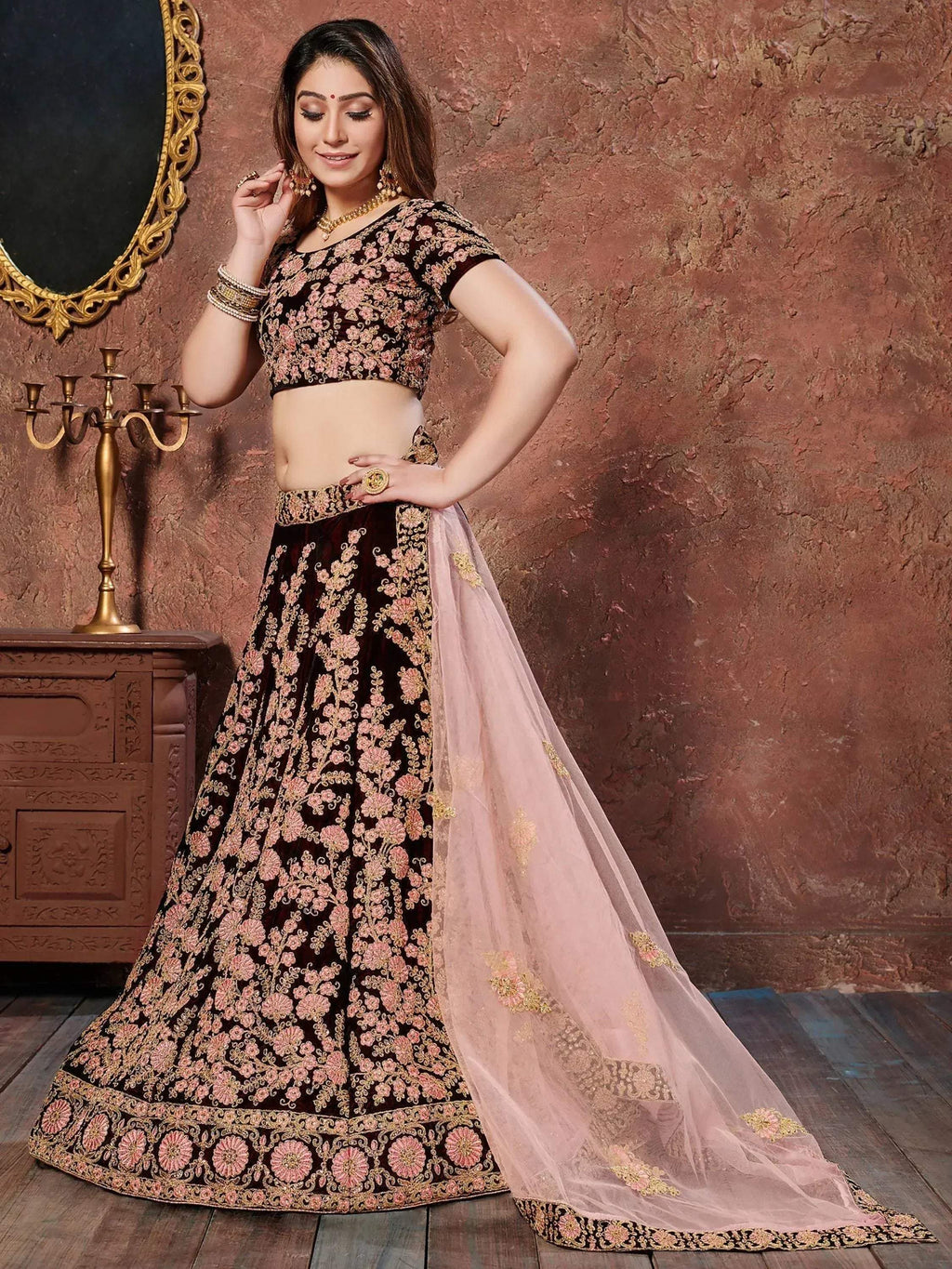Tulsi Art Maroon Thread Embroidery Velvet Silk Bridal Wear Lehenga Choli And Pastel Pink Dupatta | Grocsy