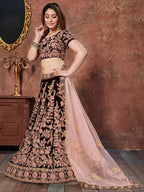 Tulsi Art Maroon Thread Embroidery Velvet Silk Bridal Wear Lehenga Choli And Pastel Pink Dupatta | Grocsy