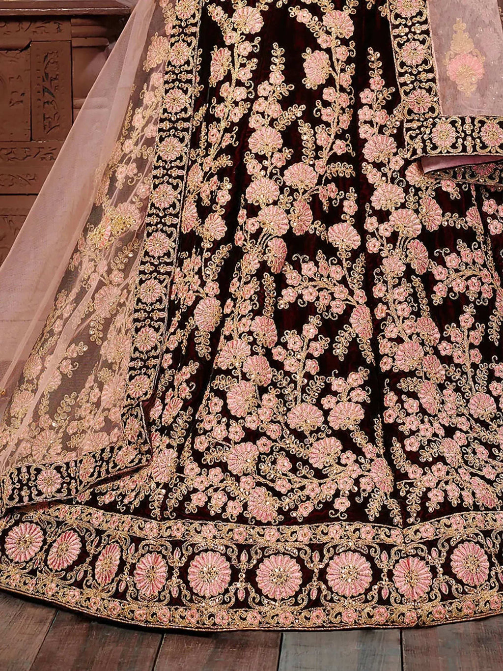 Tulsi Art Maroon Thread Embroidery Velvet Silk Bridal Wear Lehenga Choli And Pastel Pink Dupatta | Grocsy