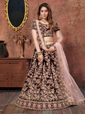 Tulsi Art Maroon Thread Embroidery Velvet Silk Bridal Wear Lehenga Choli And Pastel Pink Dupatta | Grocsy