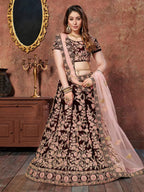 Tulsi Art Maroon Thread Embroidery Velvet Silk Bridal Wear Lehenga Choli And Pastel Pink Dupatta | Grocsy