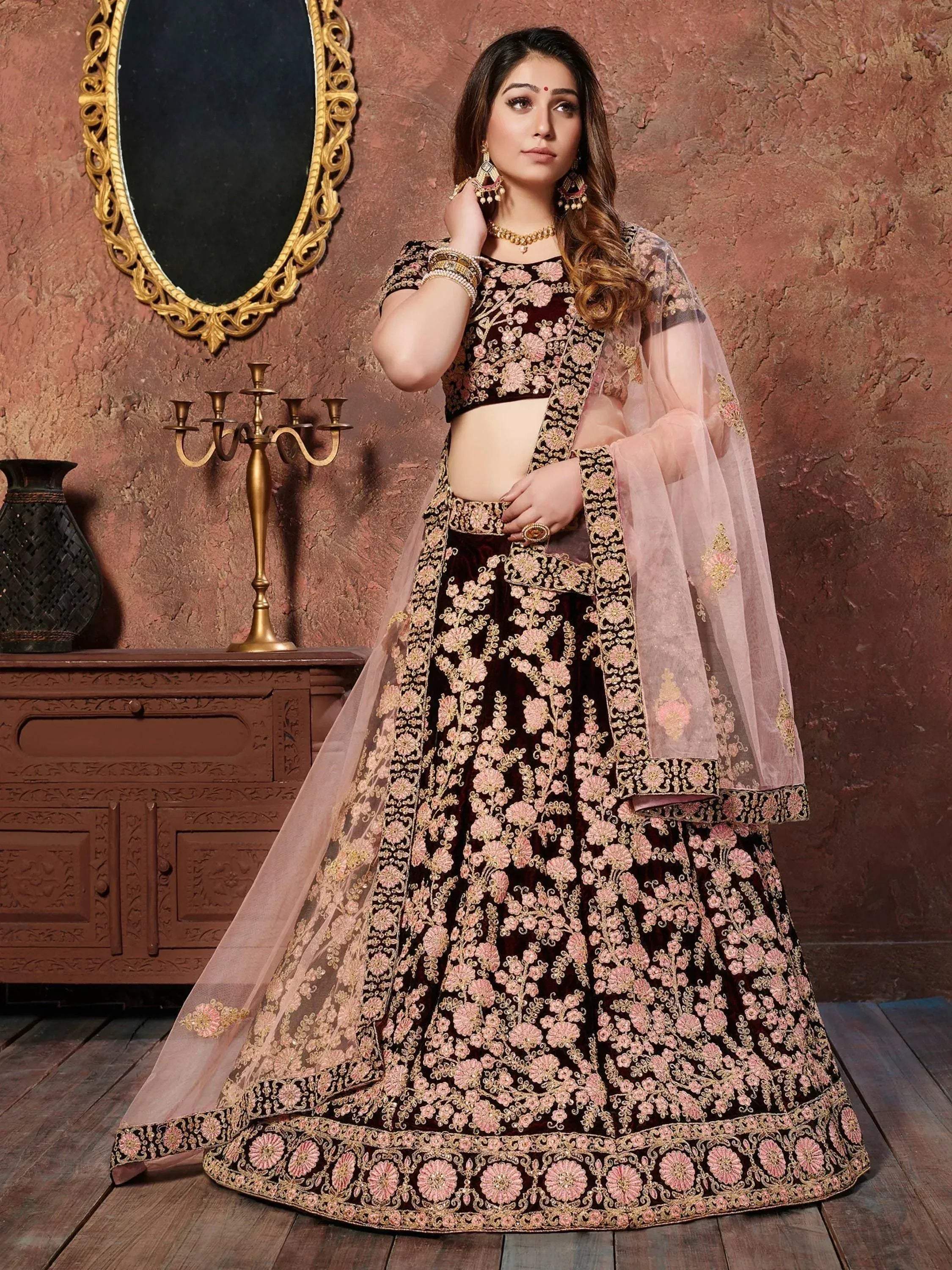 Tulsi Art Maroon Thread Embroidery Velvet Silk Bridal Wear Lehenga Choli And Pastel Pink Dupatta | Grocsy