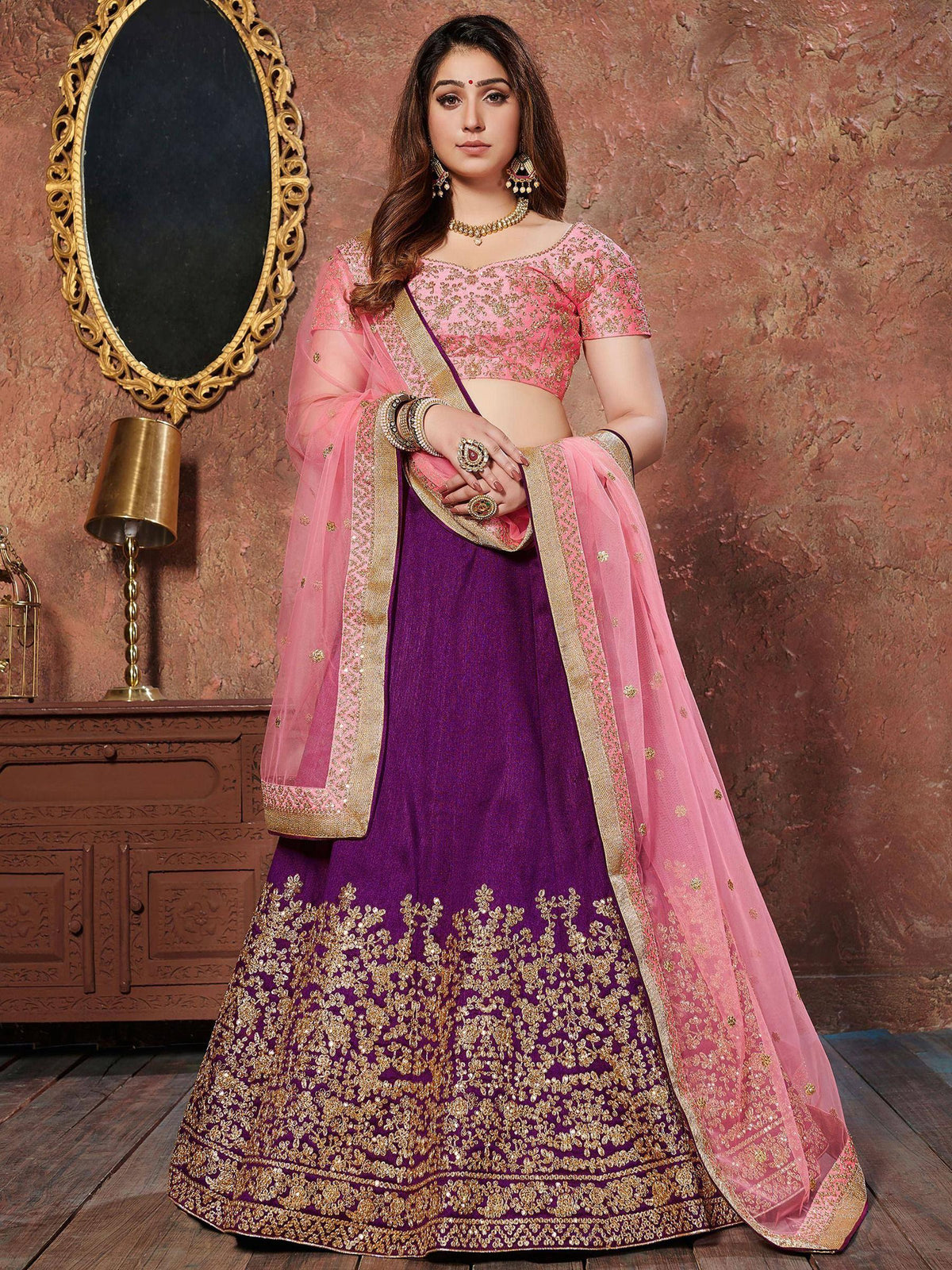 Tulsi Art Purple Sequins Silk Wedding Lehenga With Pastel Pink Choli And Dupatta | Grocsy