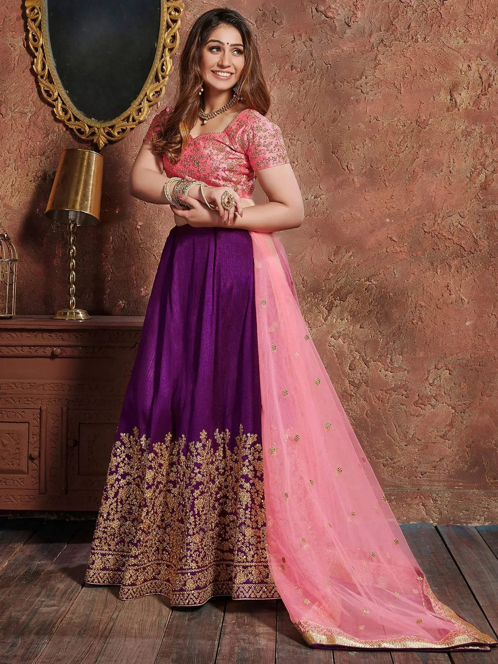 Tulsi Art Purple Sequins Silk Wedding Lehenga With Pastel Pink Choli And Dupatta | Grocsy
