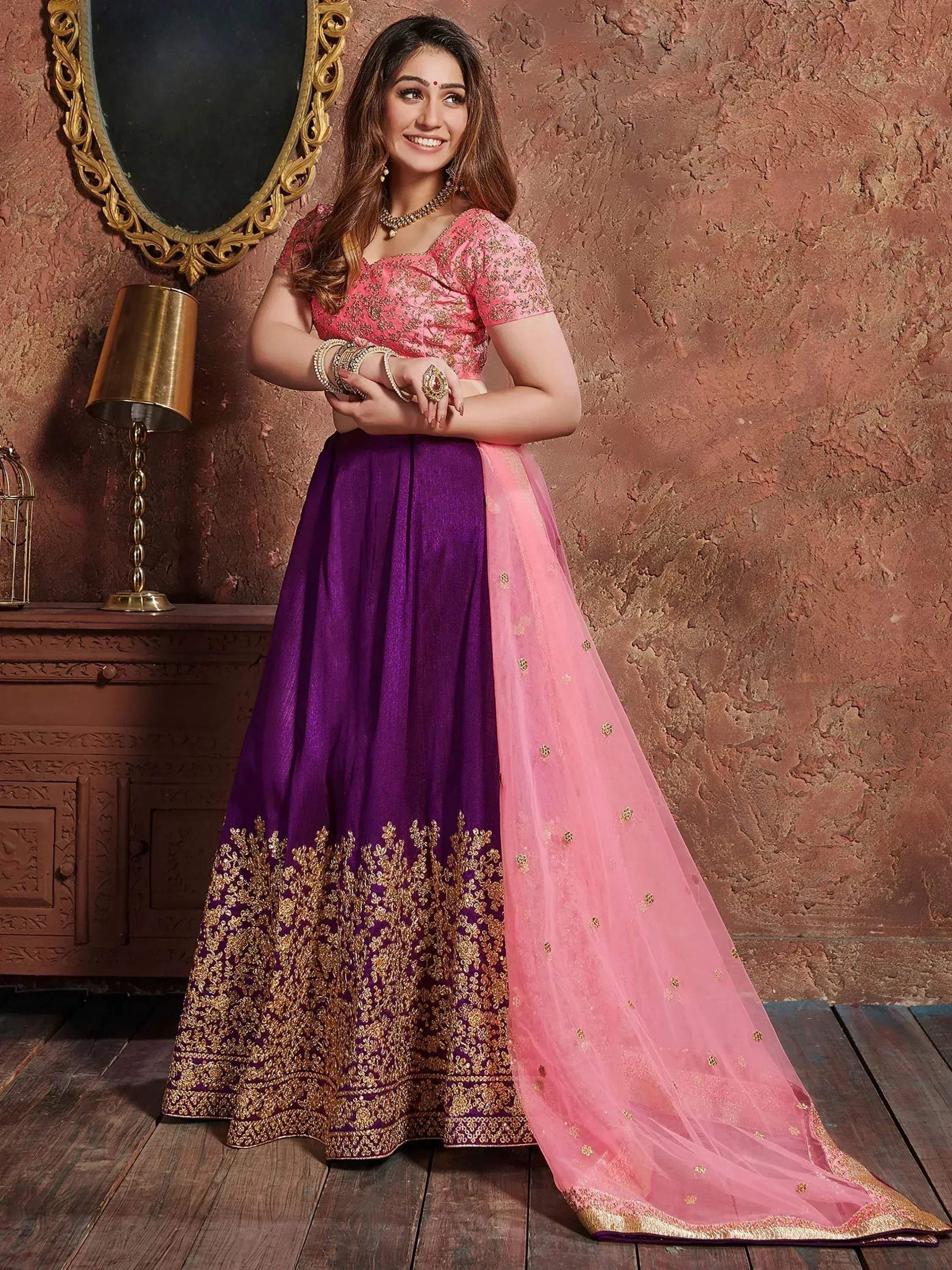 Tulsi Art Purple Sequins Silk Wedding Lehenga With Pastel Pink Choli And Dupatta | Grocsy