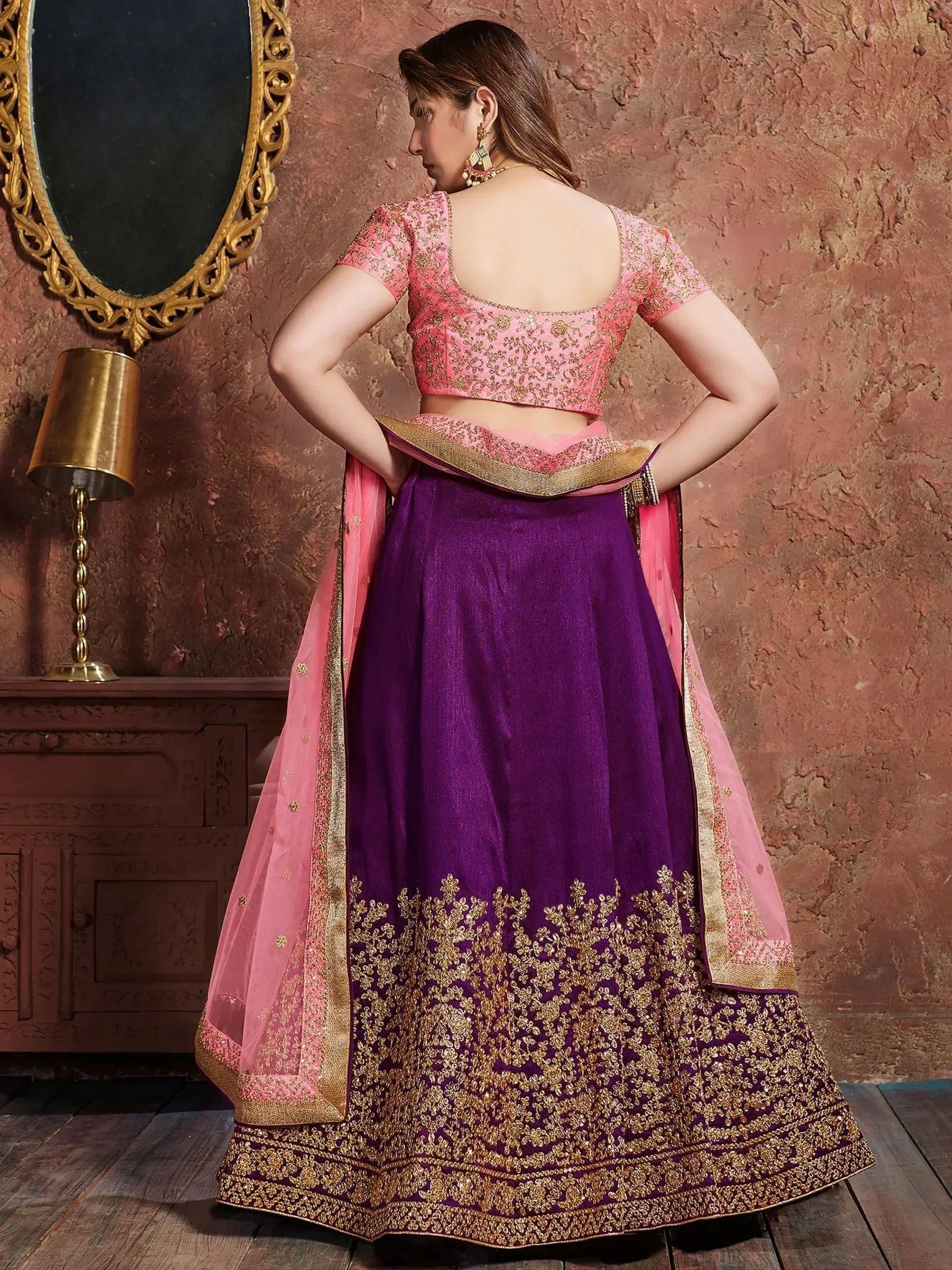 Tulsi Art Purple Sequins Silk Wedding Lehenga With Pastel Pink Choli And Dupatta | Grocsy