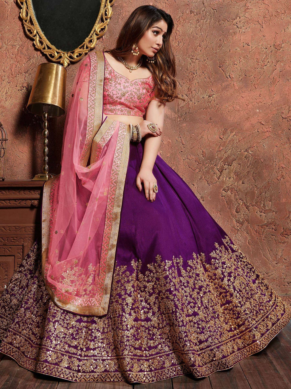 Tulsi Art Purple Sequins Silk Wedding Lehenga With Pastel Pink Choli And Dupatta | Grocsy