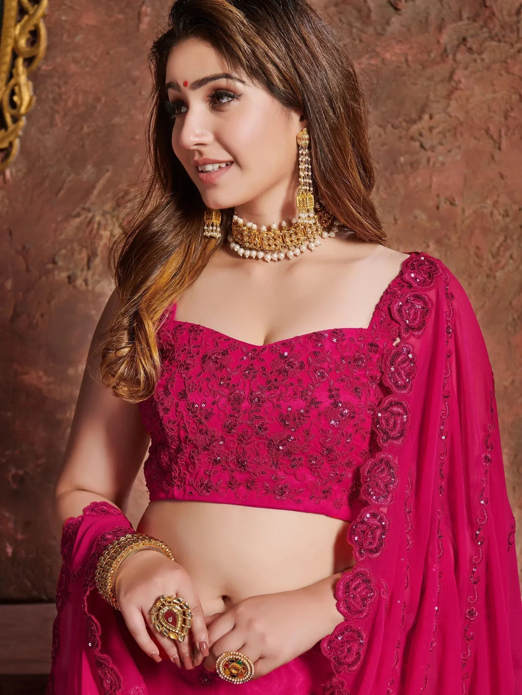Tulsi Art Pink Sequins Georgette Wedding Lehenga Choli With Dupatta | Grocsy