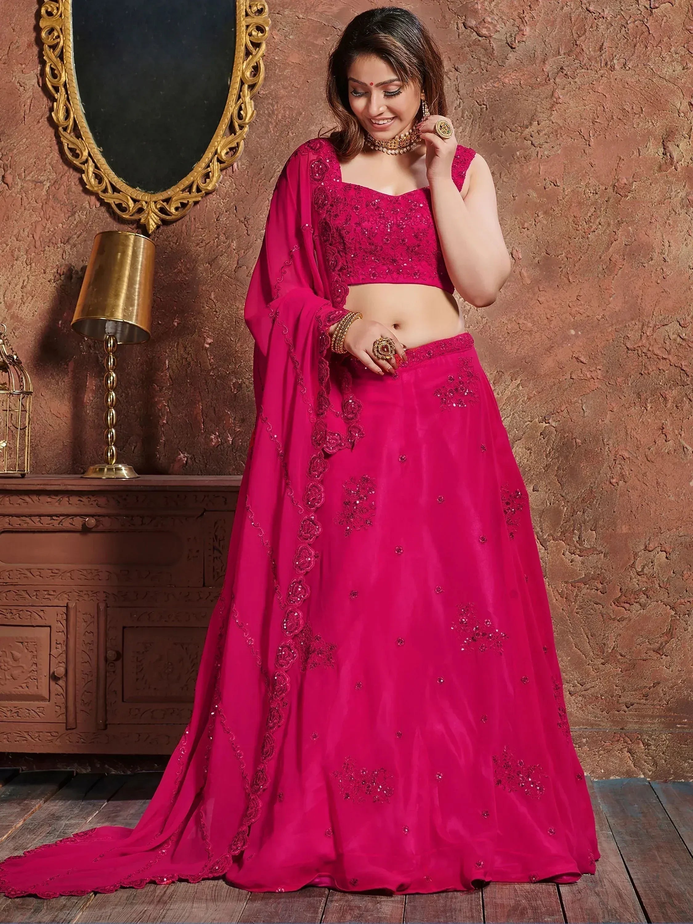 Tulsi Art Pink Sequins Georgette Wedding Lehenga Choli With Dupatta | Grocsy