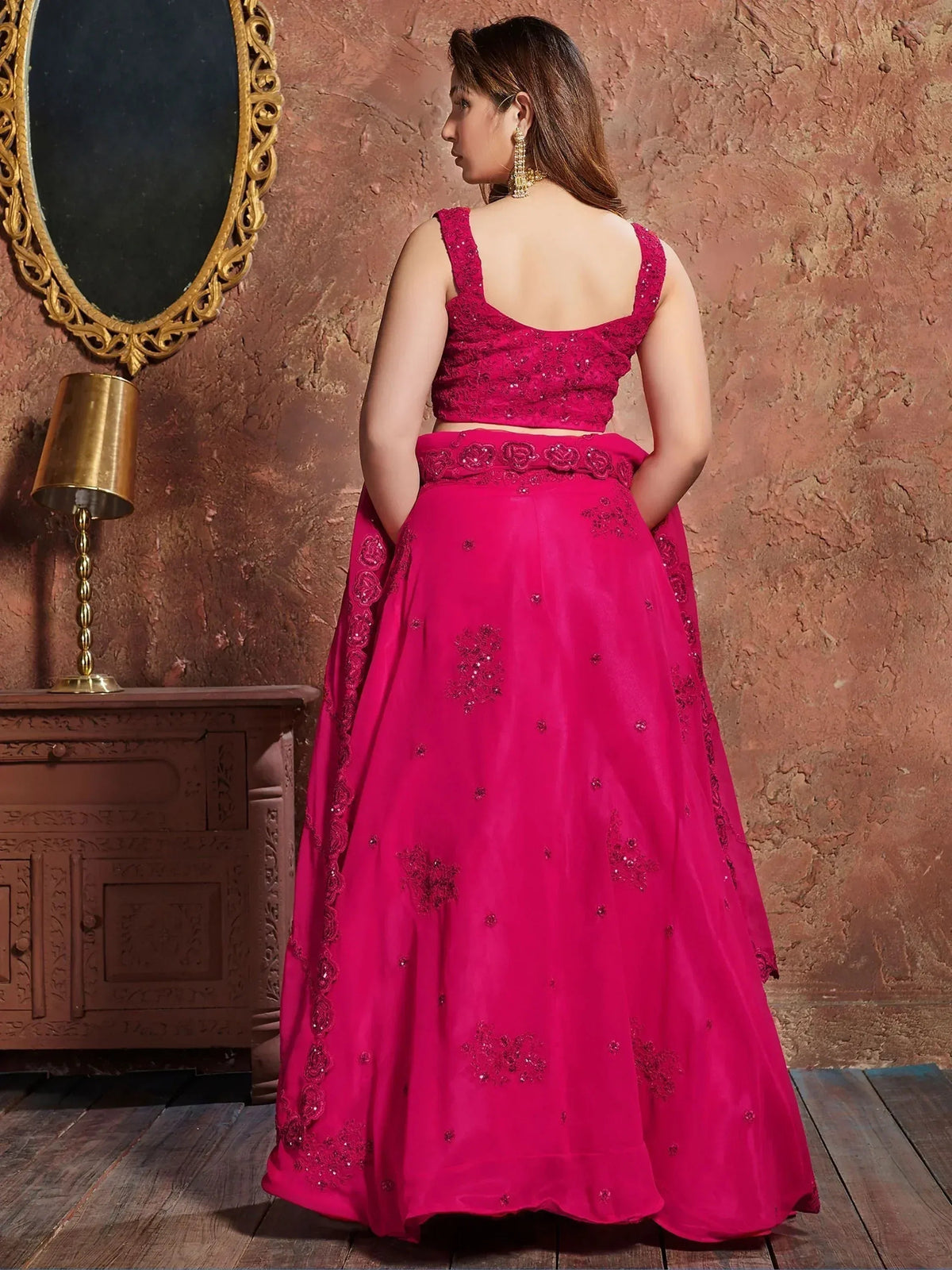 Tulsi Art Pink Sequins Georgette Wedding Lehenga Choli With Dupatta | Grocsy