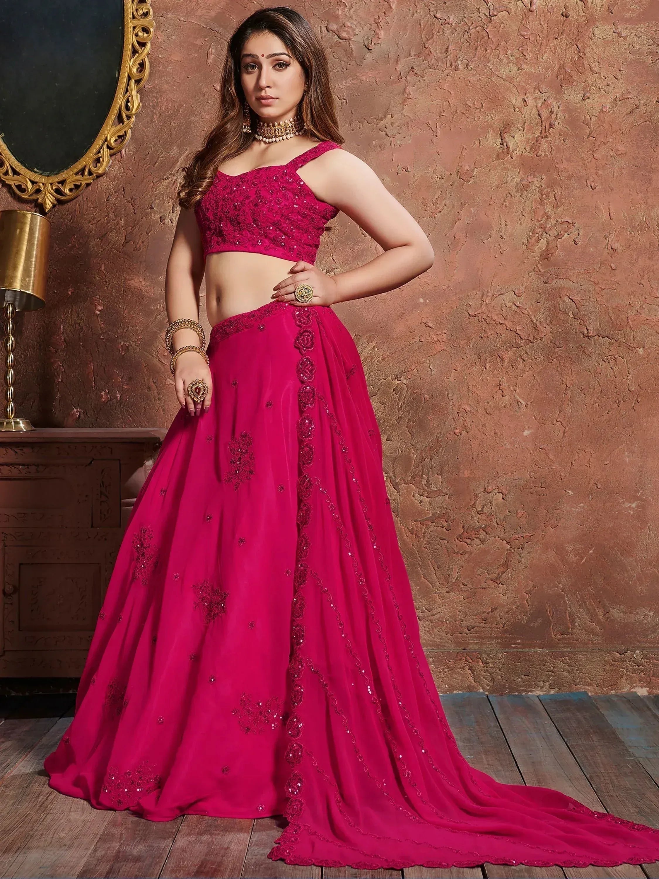 Tulsi Art Pink Sequins Georgette Wedding Lehenga Choli With Dupatta | Grocsy