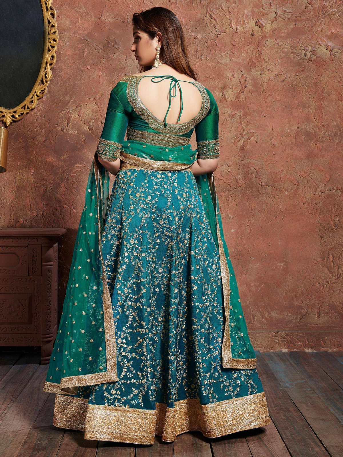 Tulsi Art Teal Green Sequins Art Silk Wedding Lehenga Choli With Dupatta | Grocsy