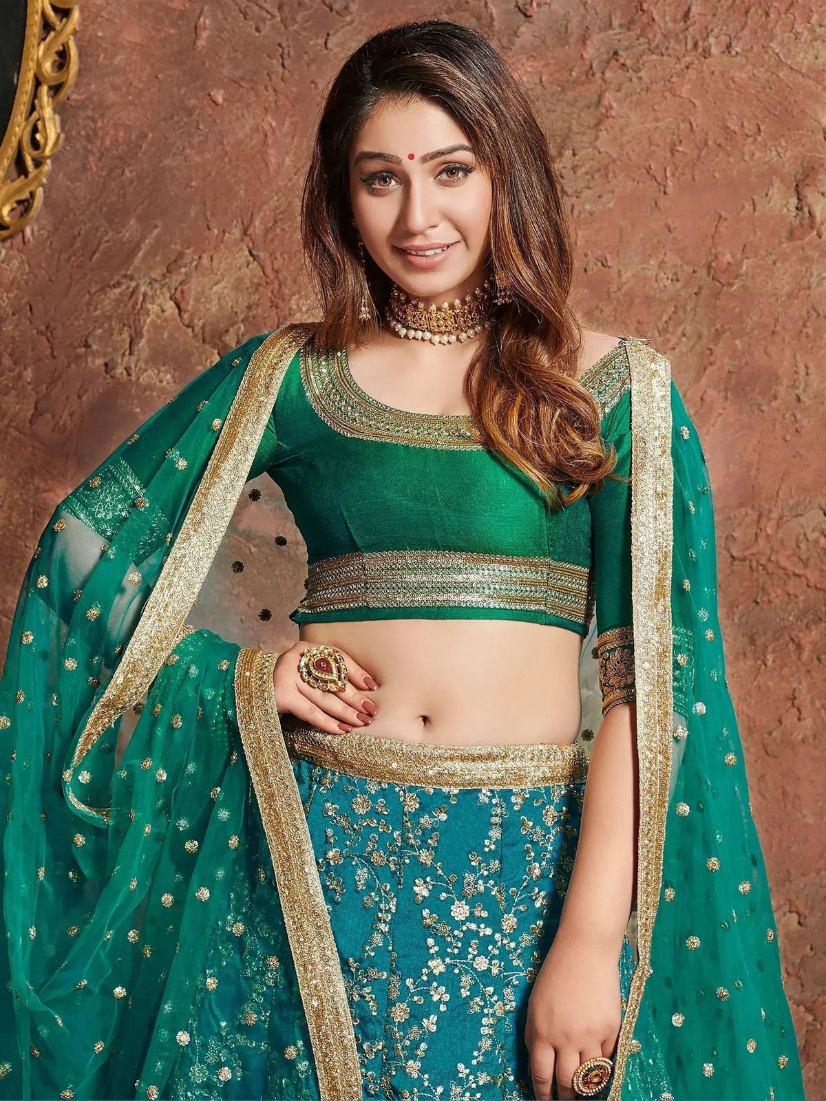 Tulsi Art Teal Green Sequins Art Silk Wedding Lehenga Choli With Dupatta | Grocsy