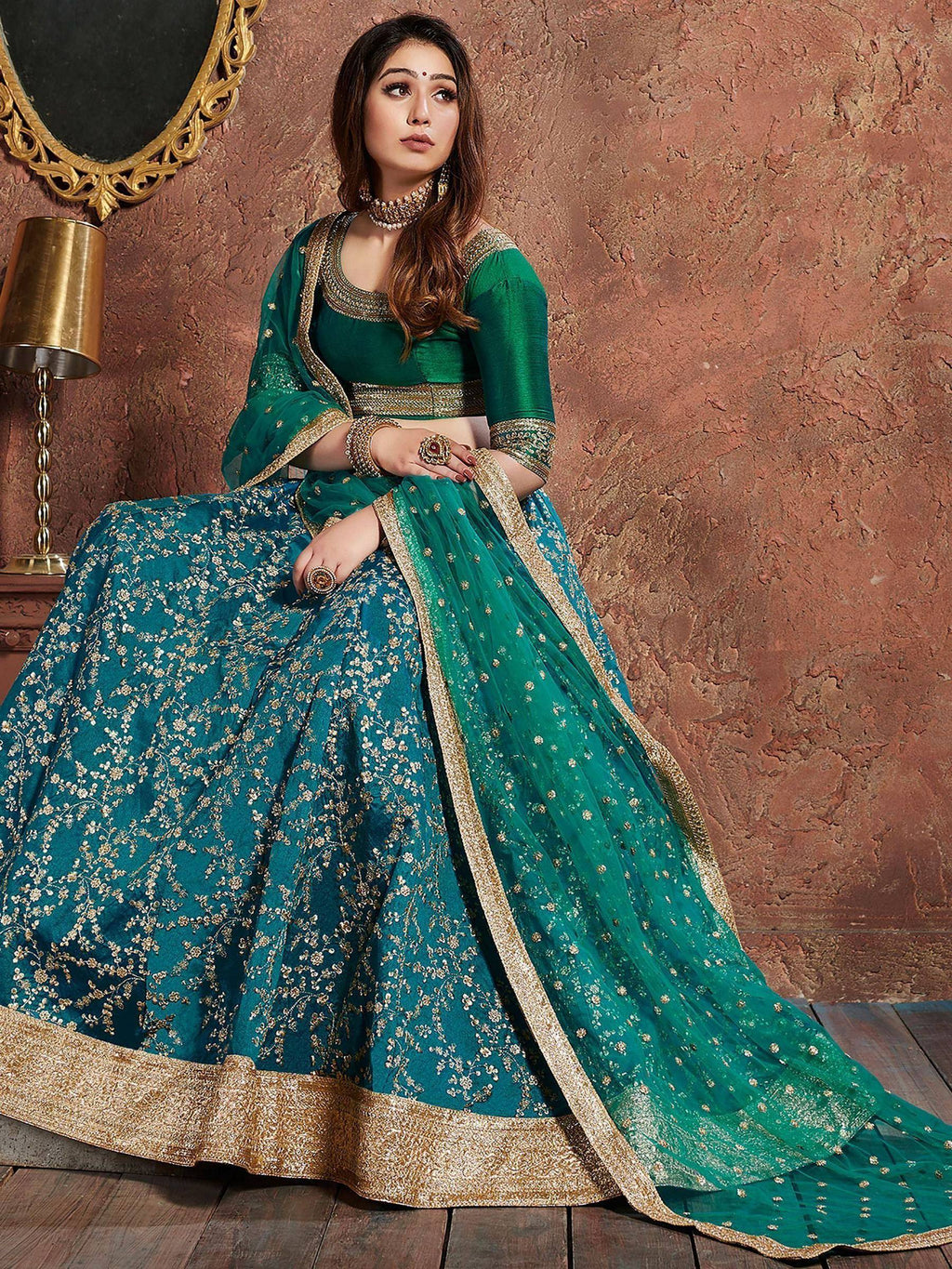 Tulsi Art Teal Green Sequins Art Silk Wedding Lehenga Choli With Dupatta | Grocsy