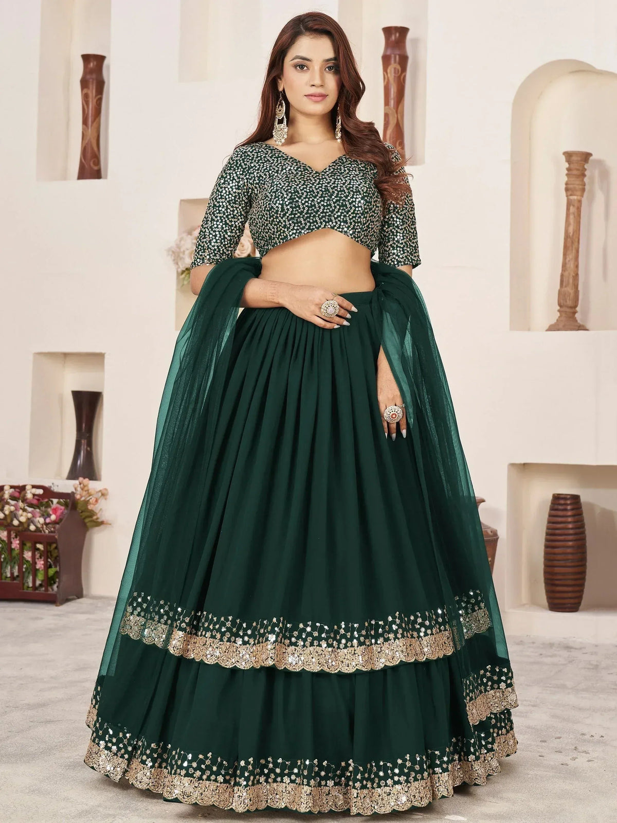 Tulsi Art Captivating Green Sequins Georgette Mehendi Wear Lehenga Choli | Grocsy