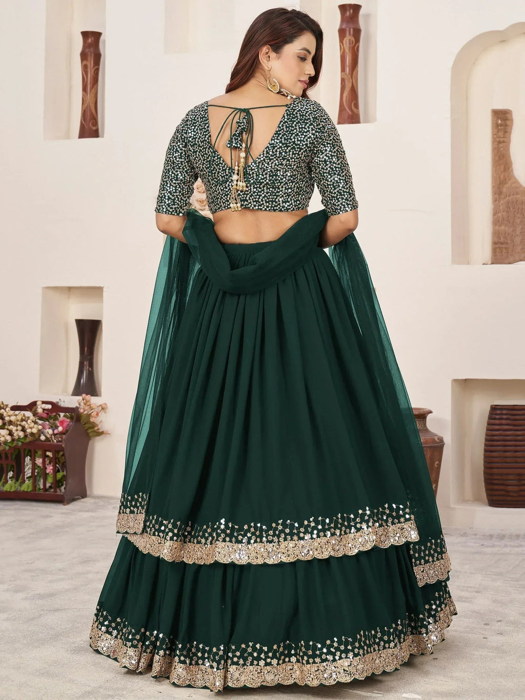 Tulsi Art Captivating Green Sequins Georgette Mehendi Wear Lehenga Choli | Grocsy
