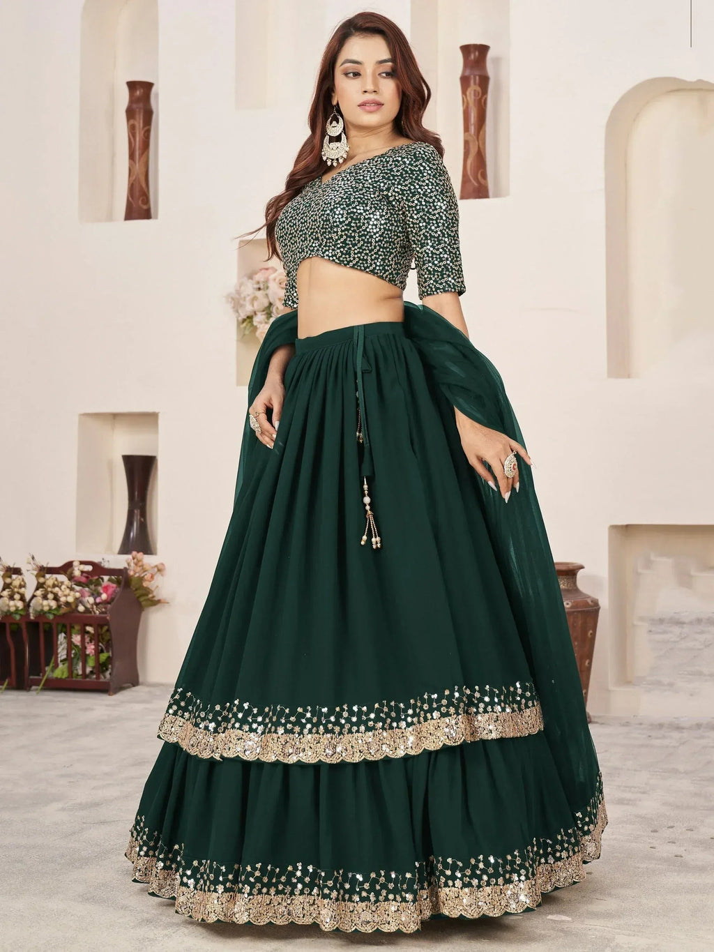 Tulsi Art Captivating Green Sequins Georgette Mehendi Wear Lehenga Choli | Grocsy