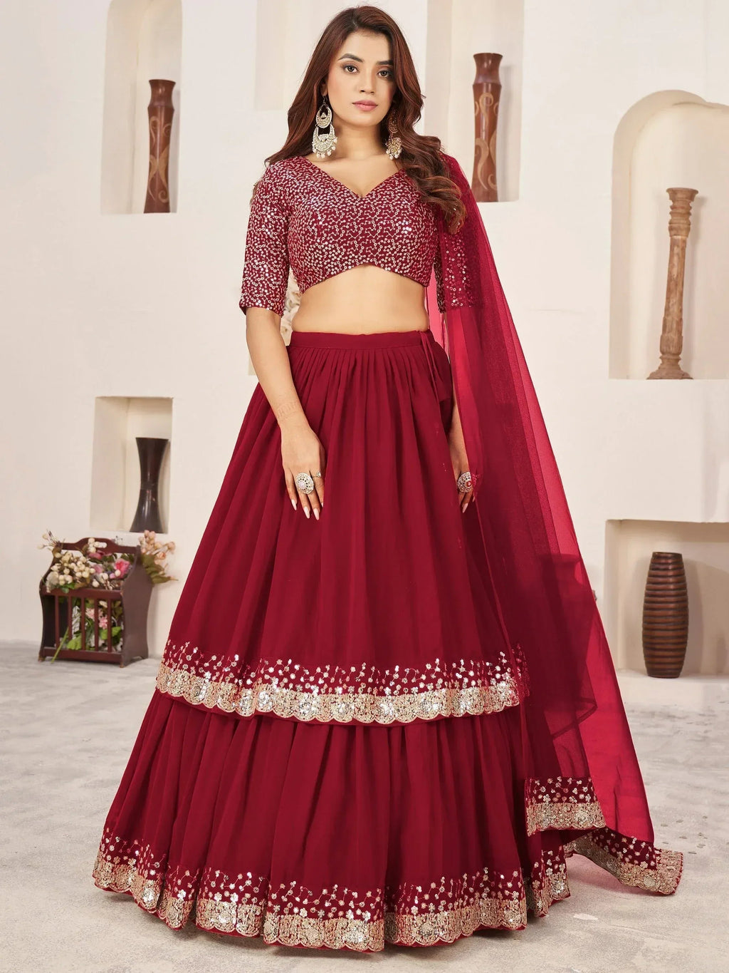 Tulsi Art Stunning Red Sequins Georgette Wedding Wear Lehenga Choli | Grocsy