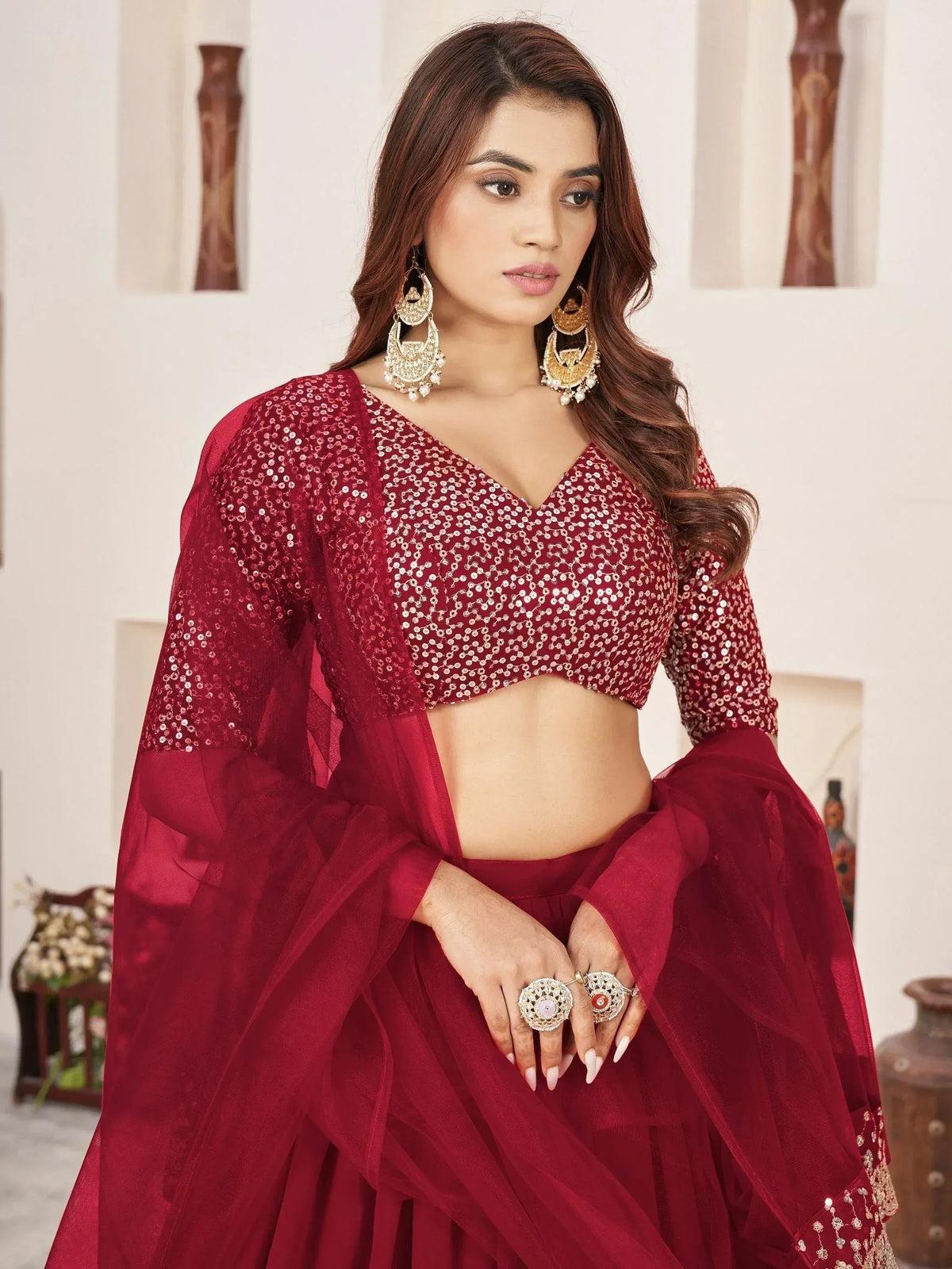 Tulsi Art Stunning Red Sequins Georgette Wedding Wear Lehenga Choli | Grocsy