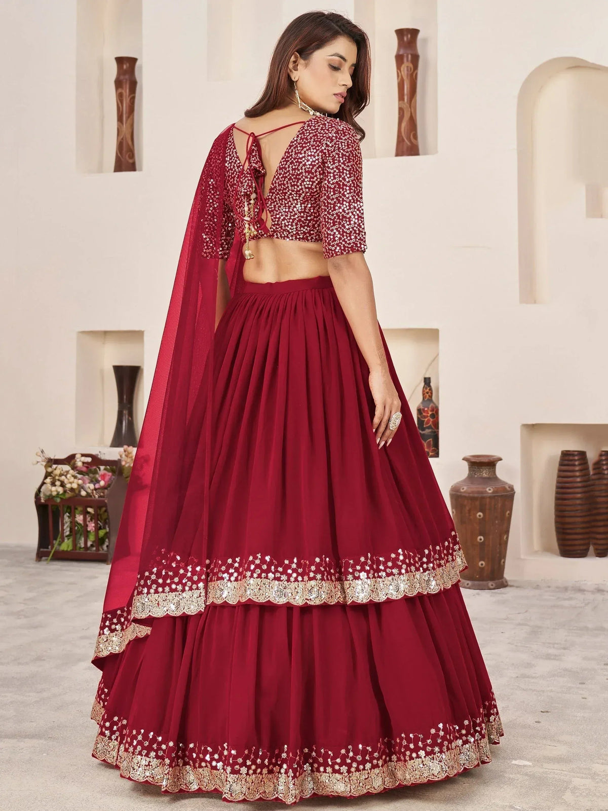 Tulsi Art Stunning Red Sequins Georgette Wedding Wear Lehenga Choli | Grocsy