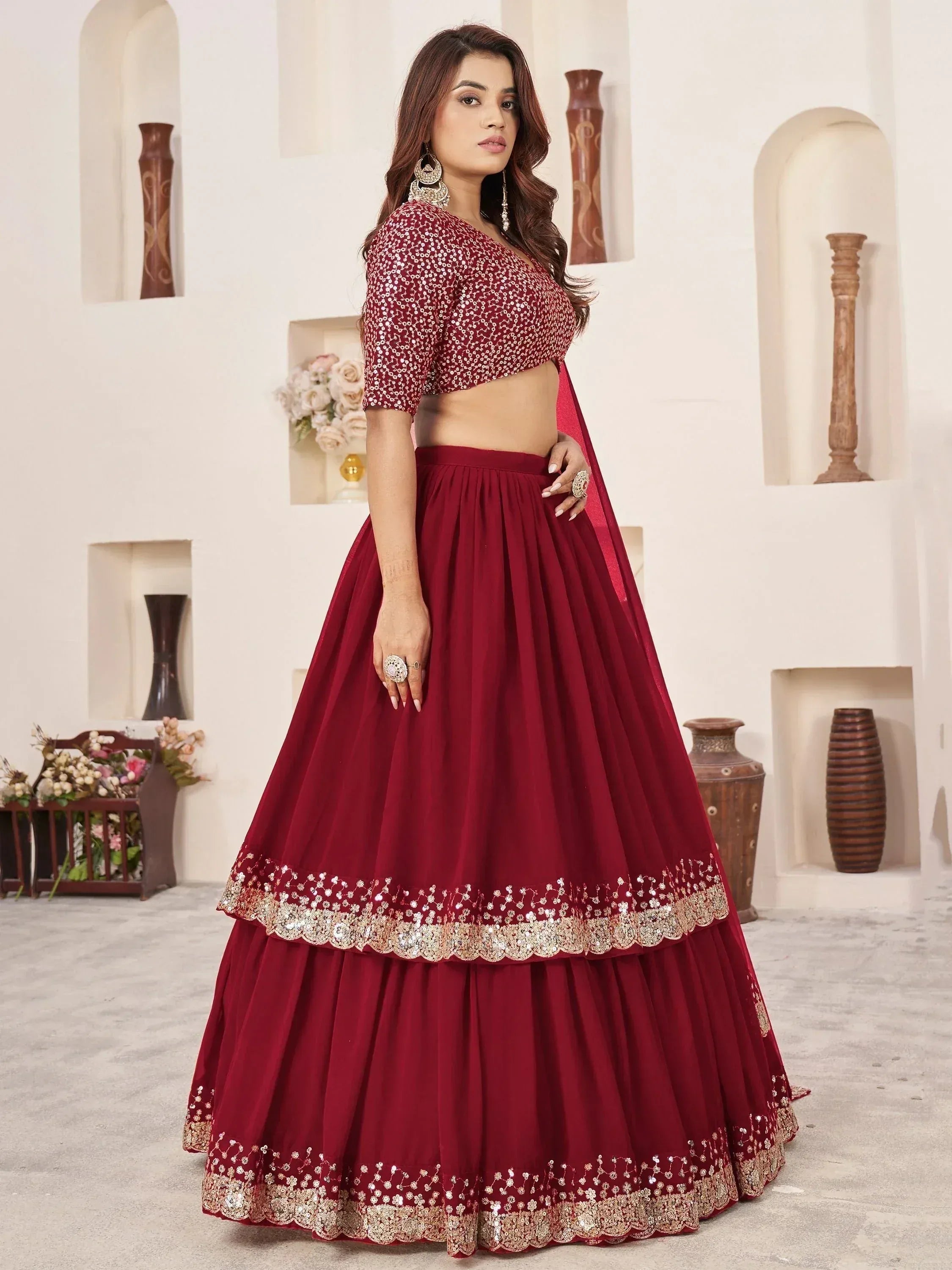 Tulsi Art Stunning Red Sequins Georgette Wedding Wear Lehenga Choli | Grocsy