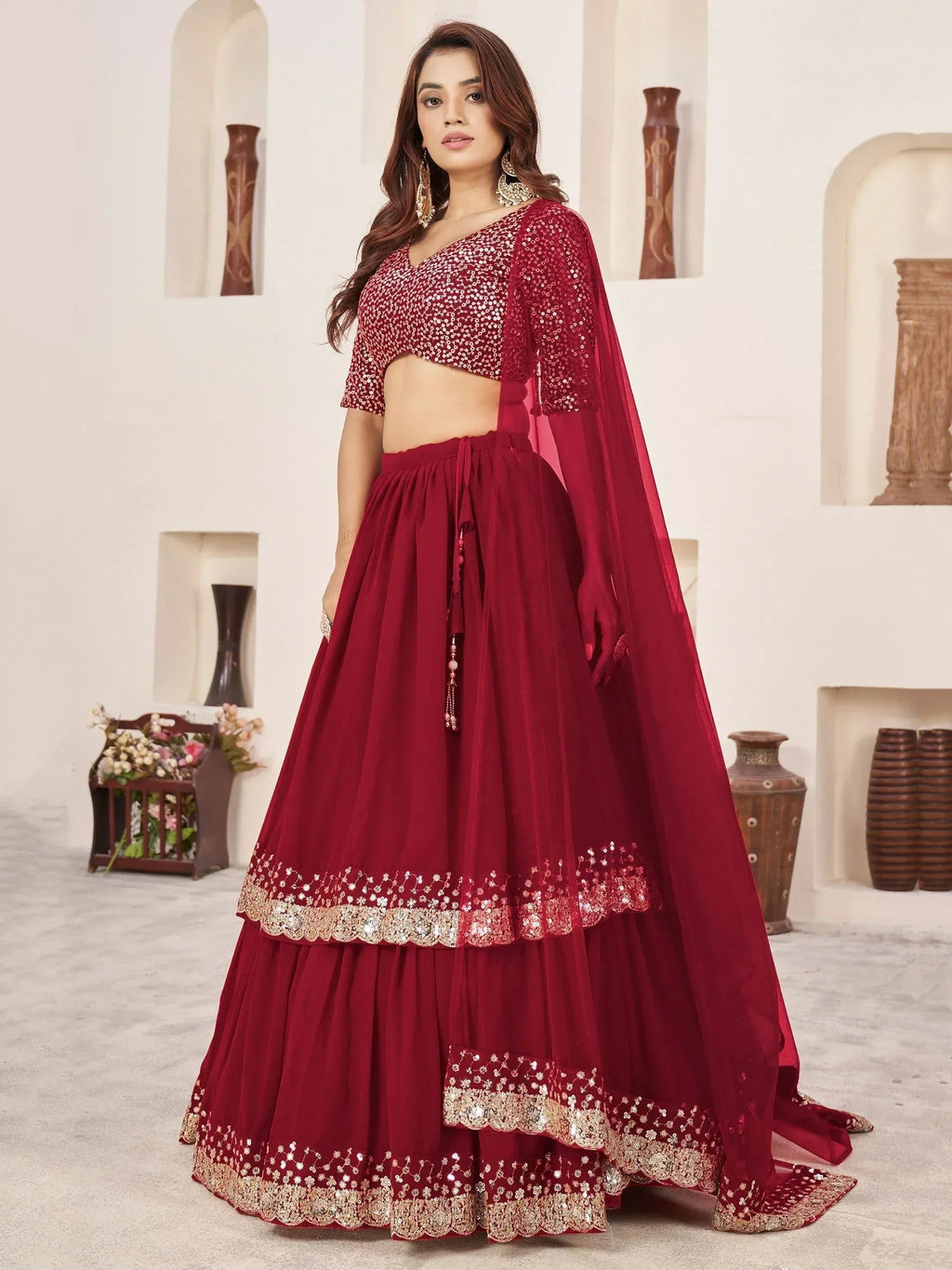 Tulsi Art Stunning Red Sequins Georgette Wedding Wear Lehenga Choli | Grocsy