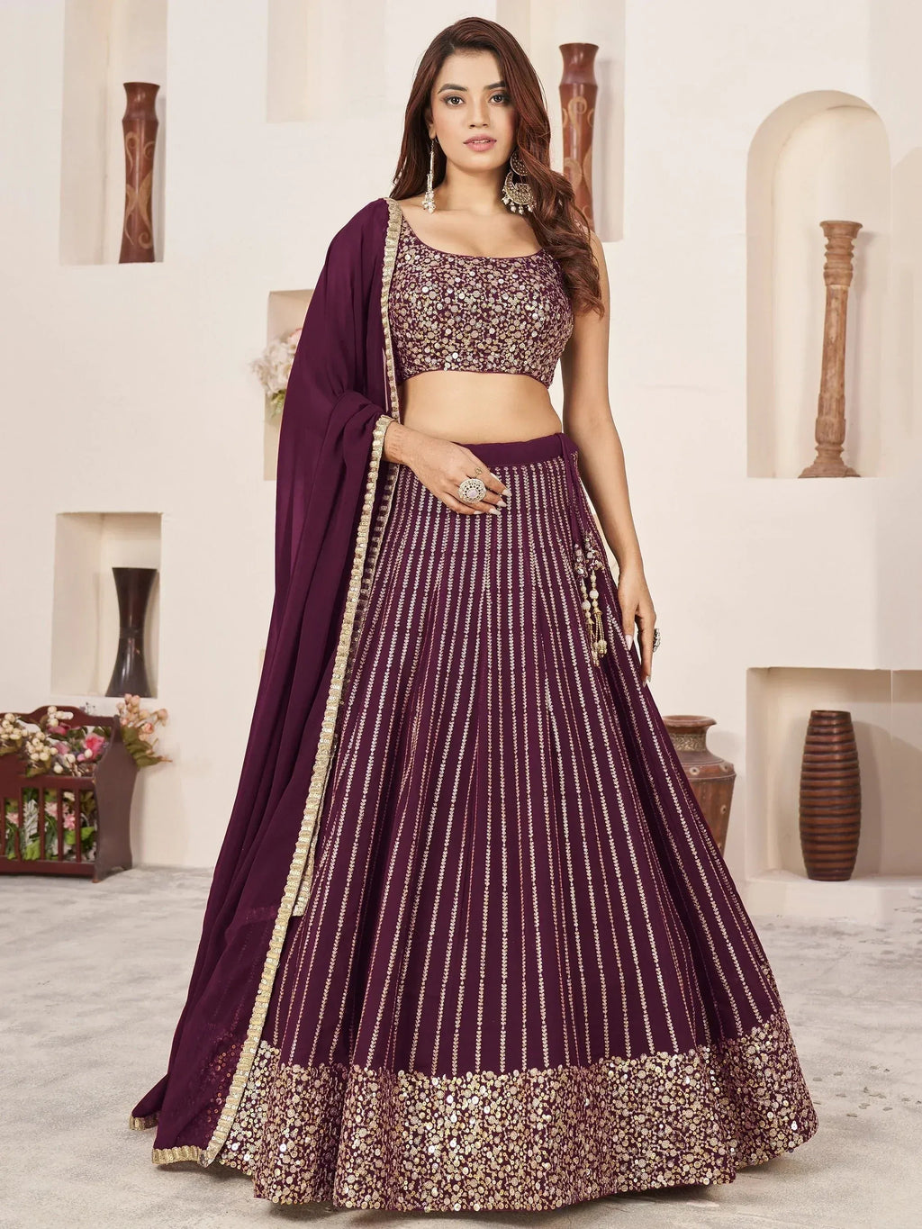 Tulsi Art Enchanting Wine Sequins Georgette Engagement Wear Lehenga Choli | Grocsy