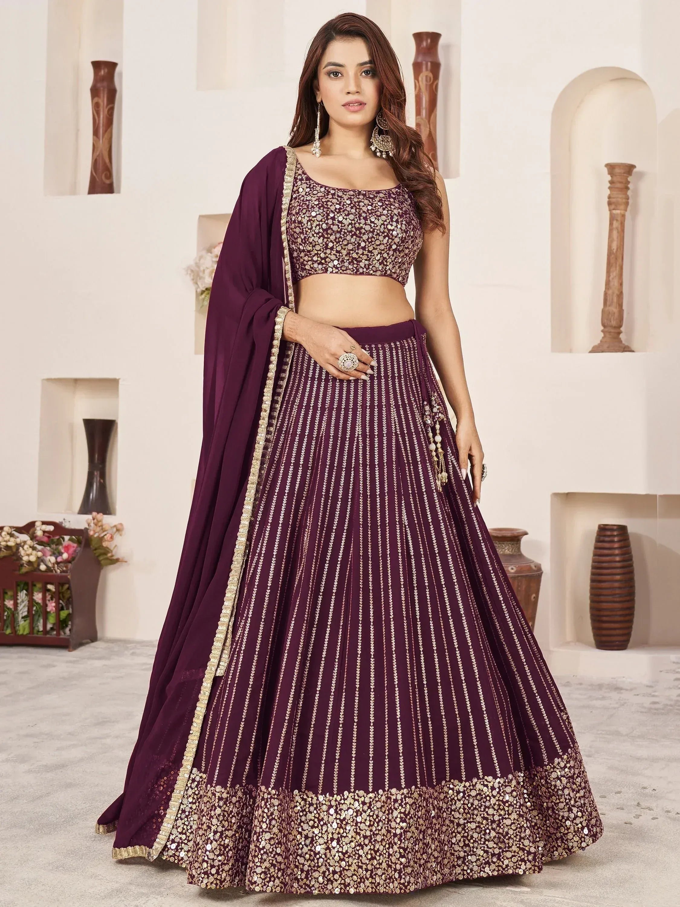Tulsi Art Enchanting Wine Sequins Georgette Engagement Wear Lehenga Choli | Grocsy