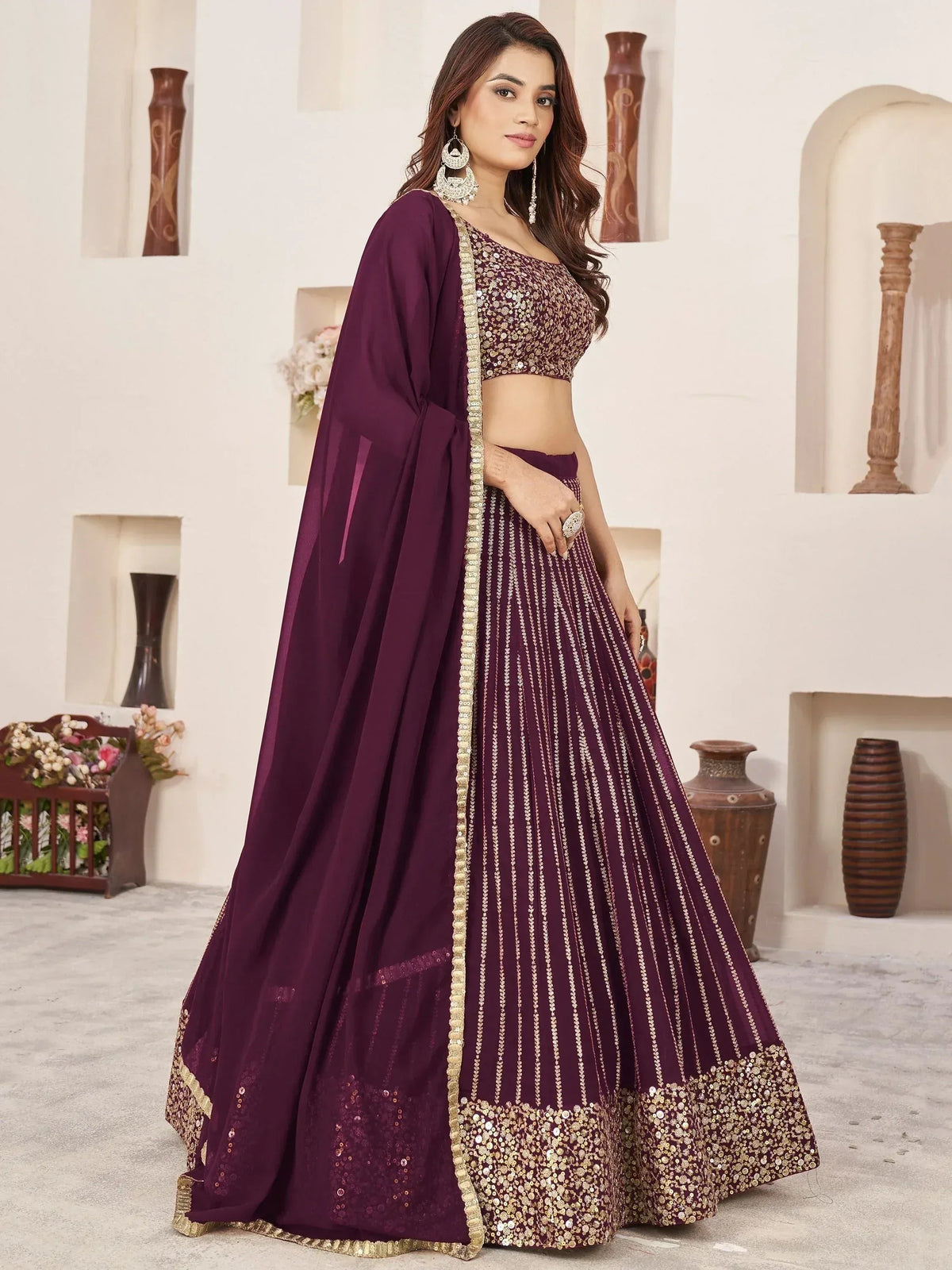 Tulsi Art Enchanting Wine Sequins Georgette Engagement Wear Lehenga Choli | Grocsy