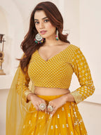 Tulsi Art Magnetic Yellow Thread Work Georgette Haldi Wear Lehenga Choli | Grocsy