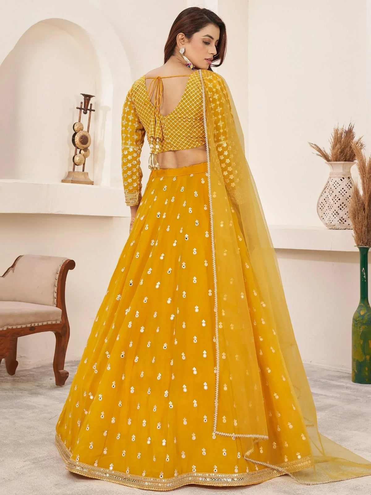 Tulsi Art Magnetic Yellow Thread Work Georgette Haldi Wear Lehenga Choli | Grocsy