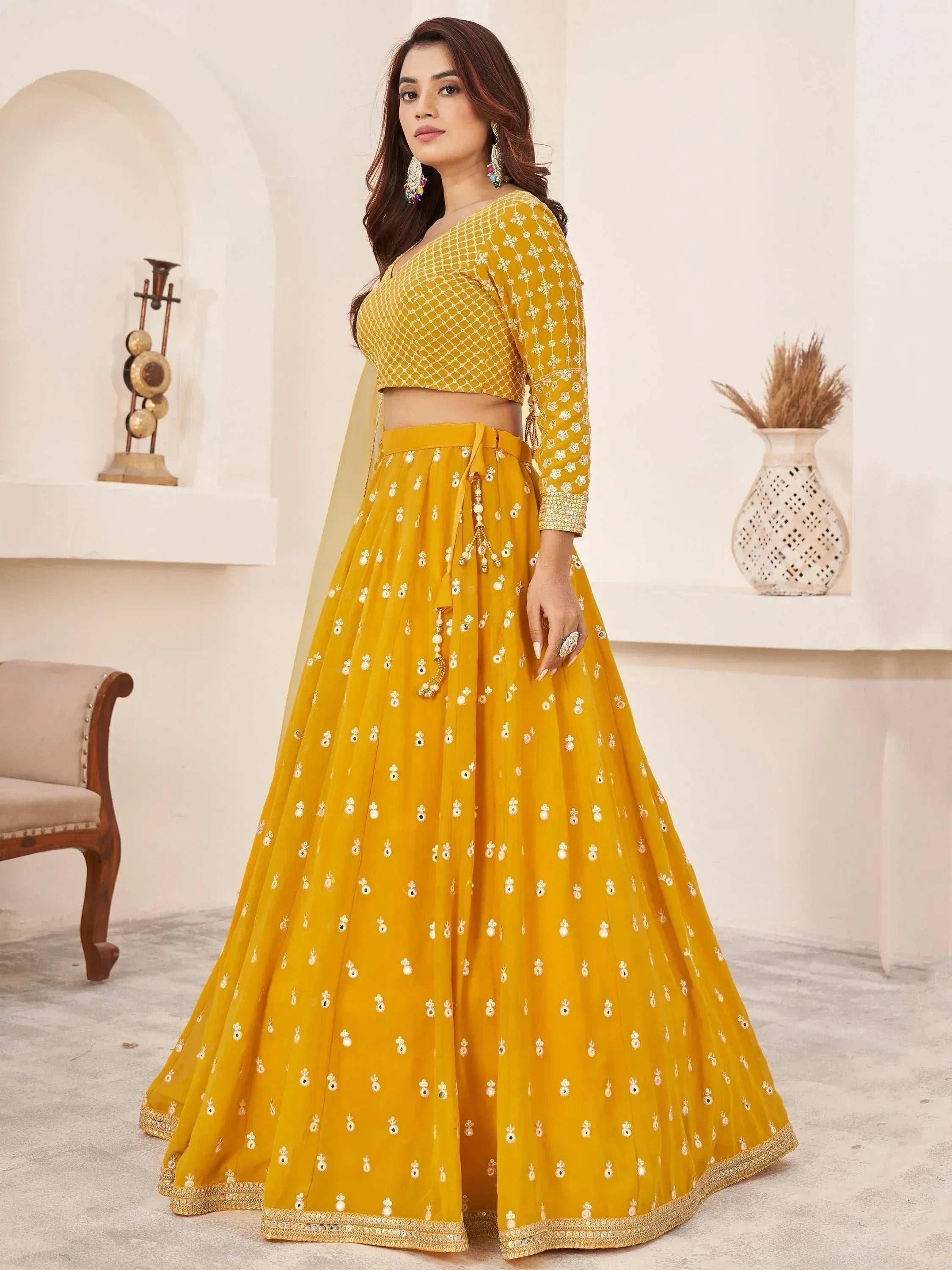 Tulsi Art Magnetic Yellow Thread Work Georgette Haldi Wear Lehenga Choli | Grocsy