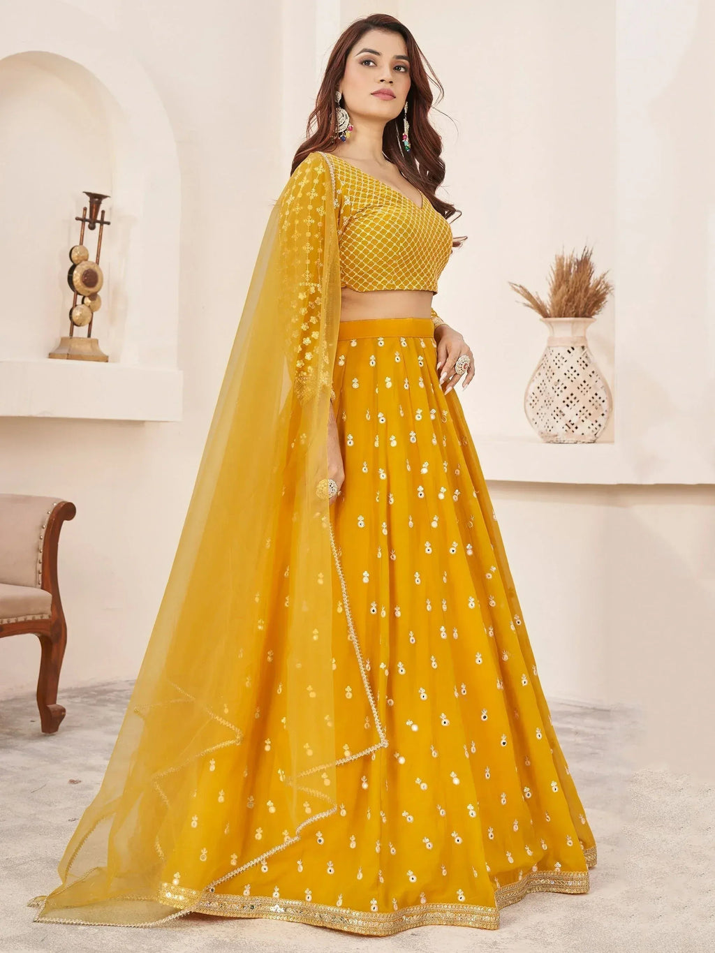 Tulsi Art Magnetic Yellow Thread Work Georgette Haldi Wear Lehenga Choli | Grocsy