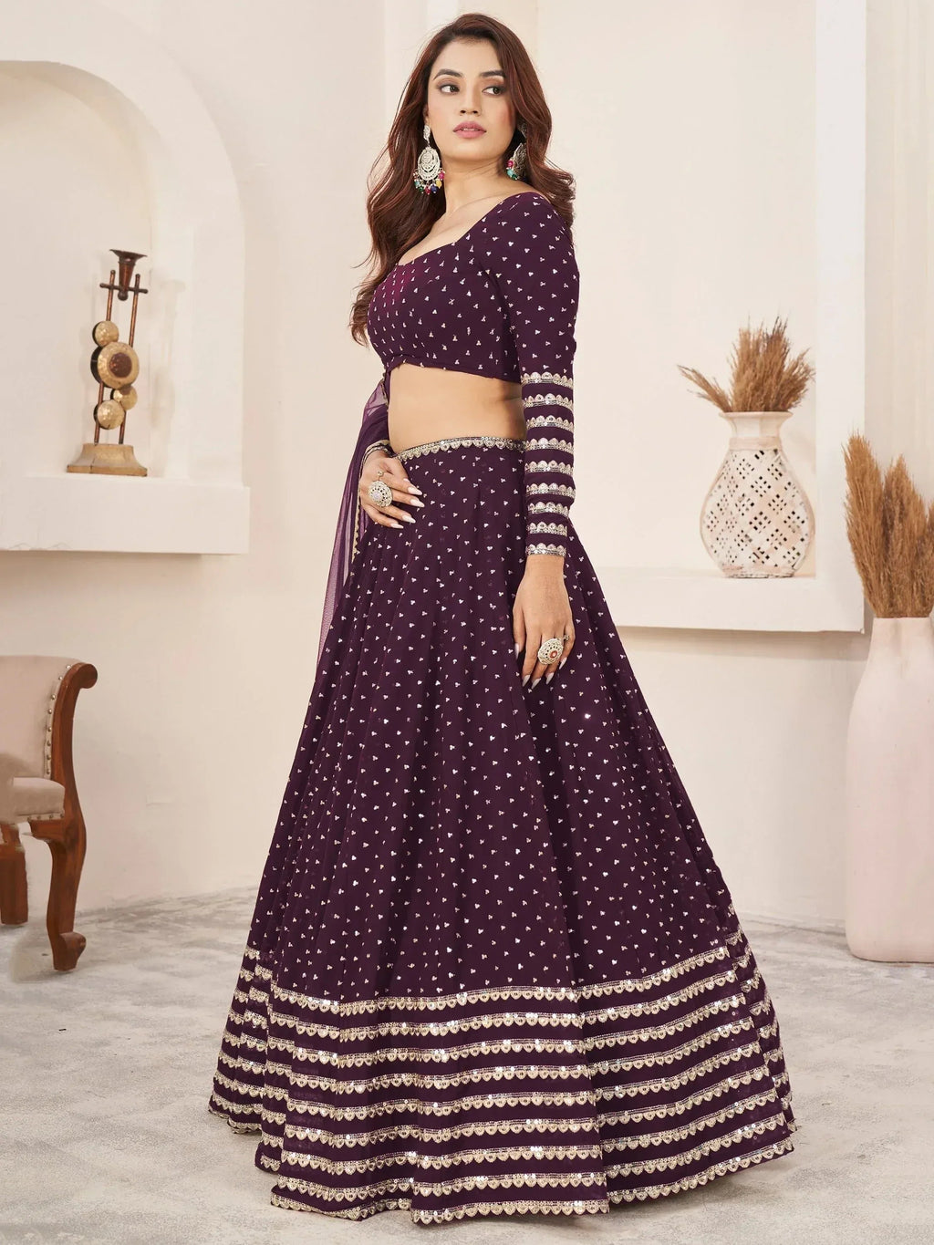 Tulsi Art Charming Purple Sequin Georgette Reception Wear Lehenga Choli | Grocsy