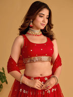 Tulsi Art Fascinating Red Sequins Georgette Wedding Lehenga Choli With Dupatta | Grocsy