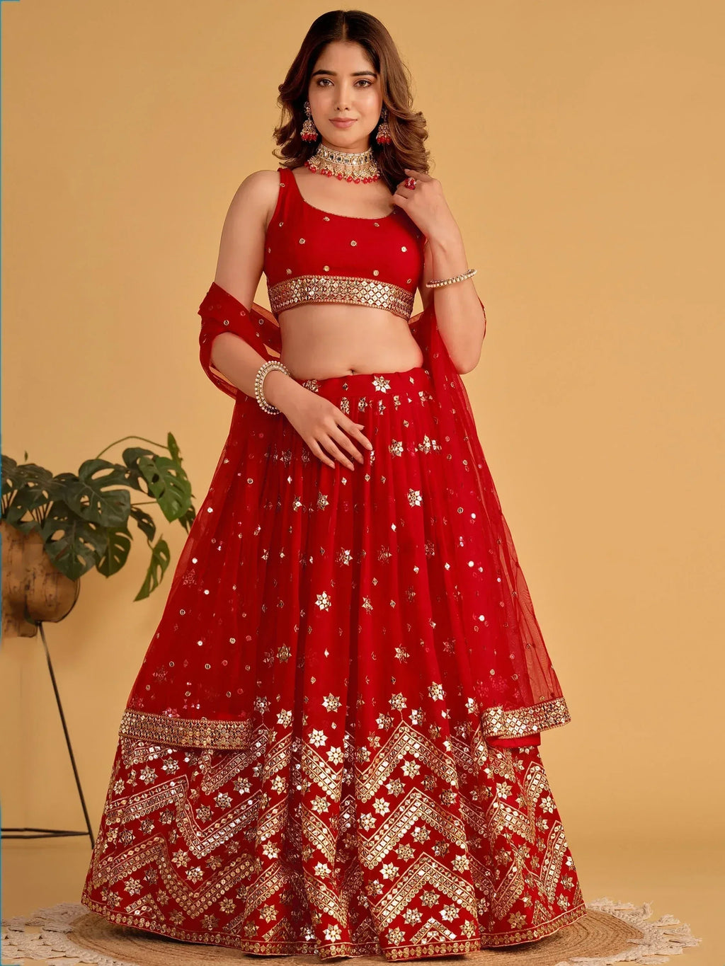 Tulsi Art Fascinating Red Sequins Georgette Wedding Lehenga Choli With Dupatta | Grocsy