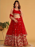 Tulsi Art Fascinating Red Sequins Georgette Wedding Lehenga Choli With Dupatta | Grocsy
