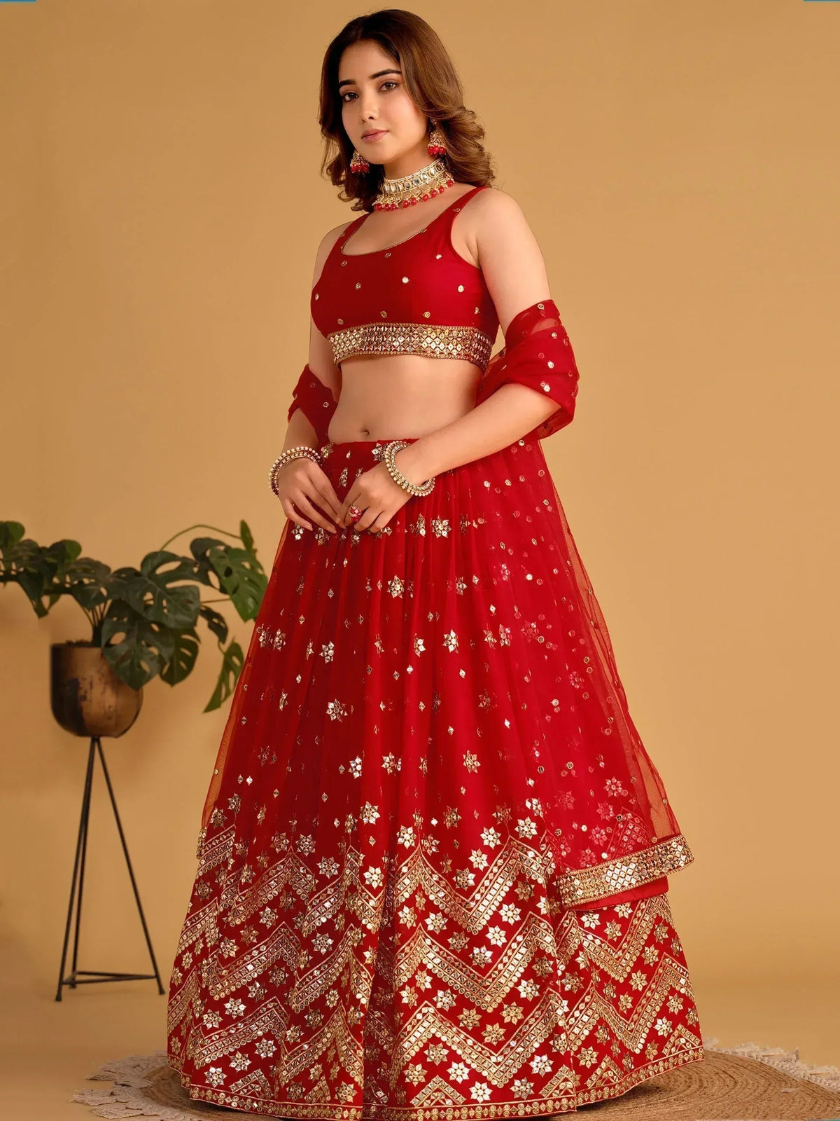 Tulsi Art Fascinating Red Sequins Georgette Wedding Lehenga Choli With Dupatta | Grocsy
