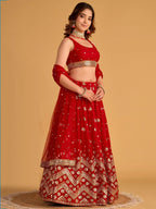 Tulsi Art Fascinating Red Sequins Georgette Wedding Lehenga Choli With Dupatta | Grocsy