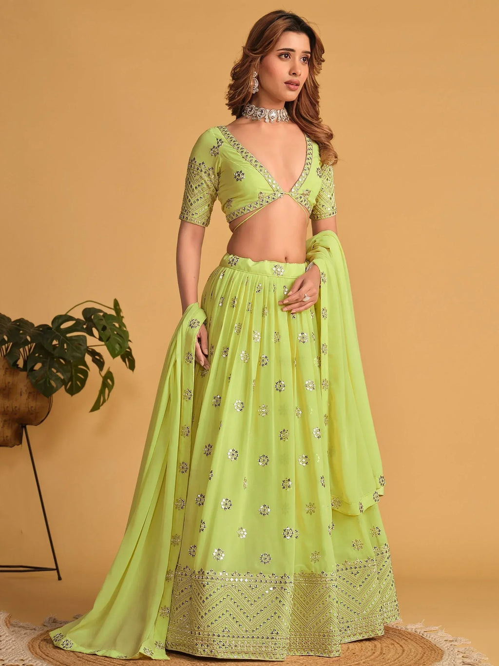 Tulsi Art Stunning Lime Green Sequins Georgette Reception Wear Lehenga Choli | Grocsy