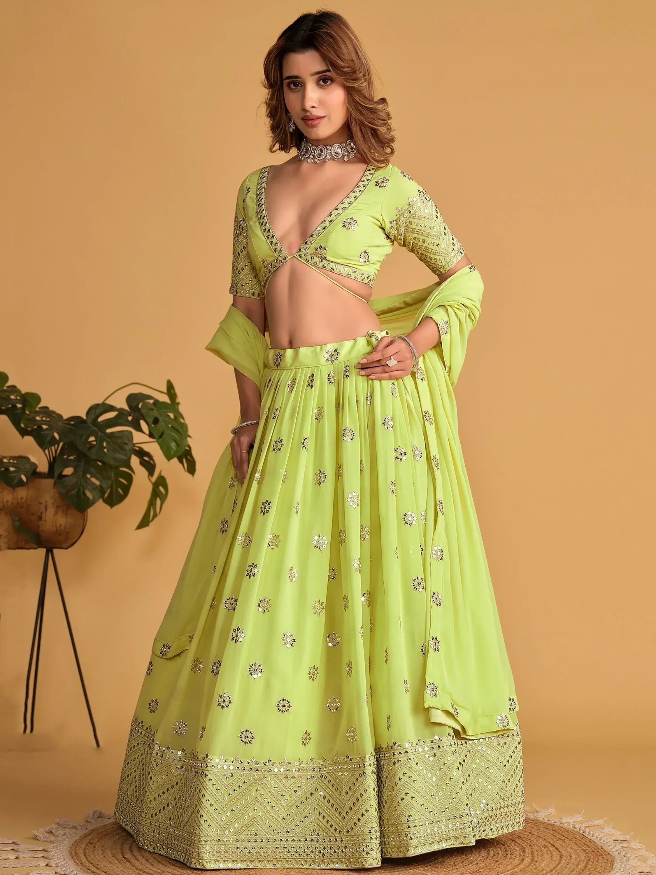 Tulsi Art Stunning Lime Green Sequins Georgette Reception Wear Lehenga Choli | Grocsy