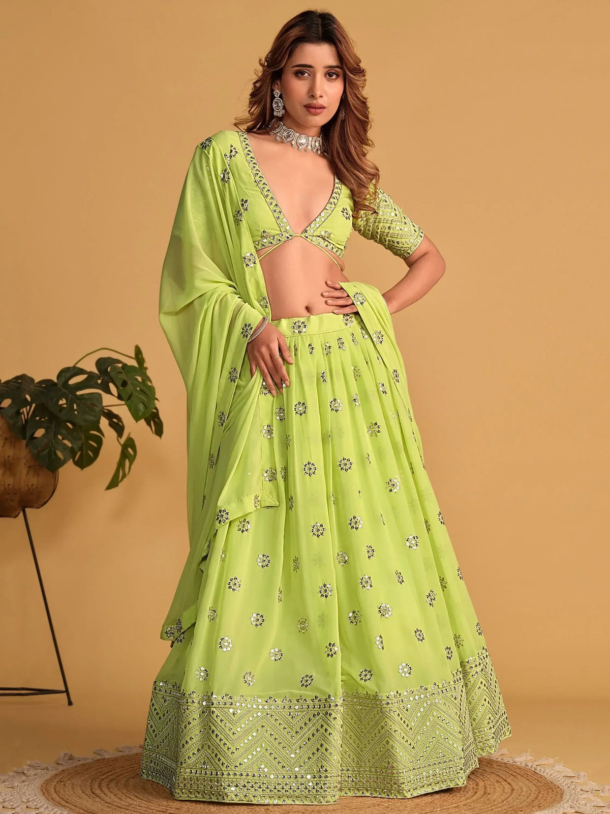Tulsi Art Stunning Lime Green Sequins Georgette Reception Wear Lehenga Choli | Grocsy