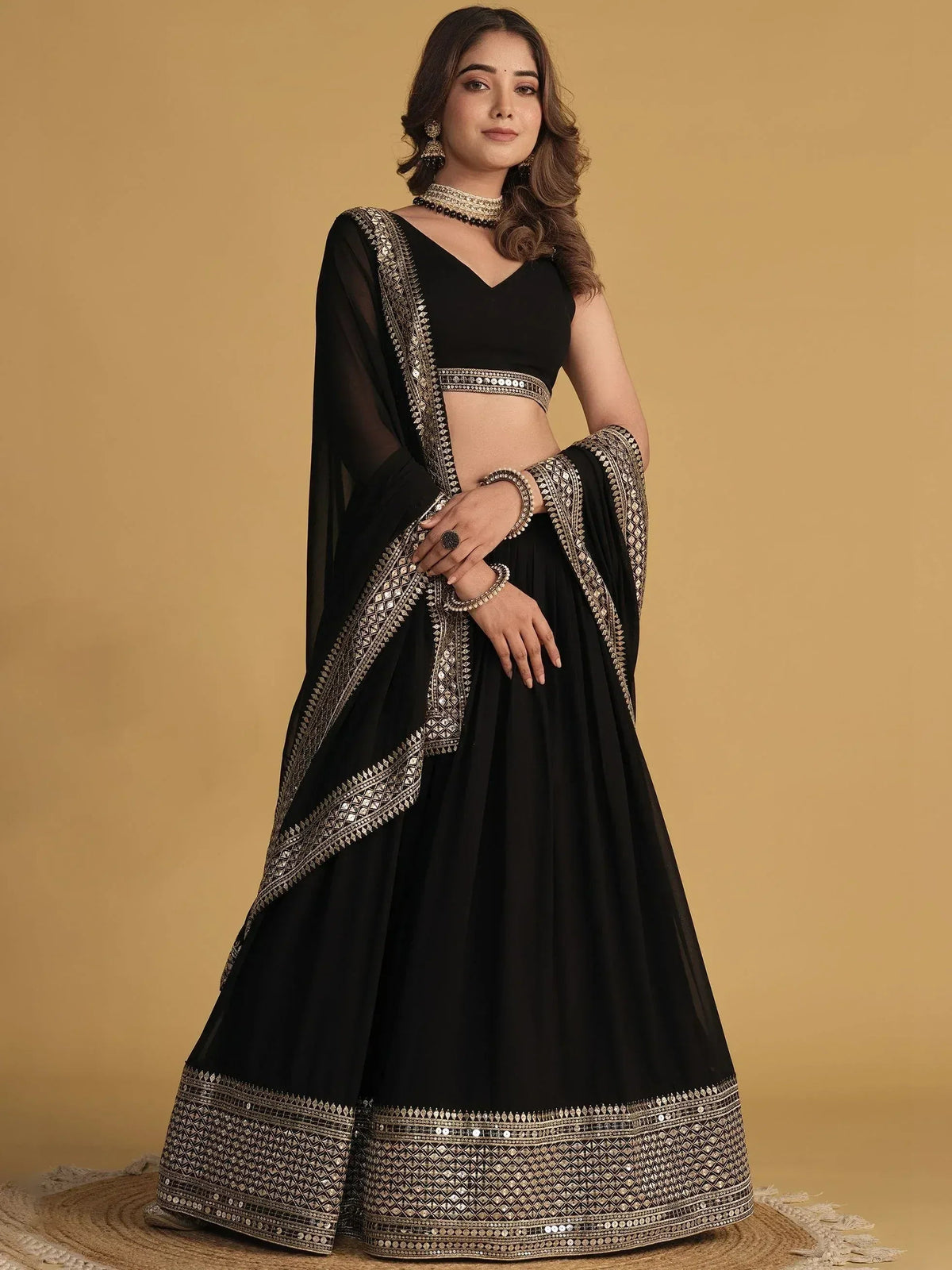 Tulsi Art Beautiful Black Zari Embroidered Georgette Lehenga Choli With Dupatta | Grocsy