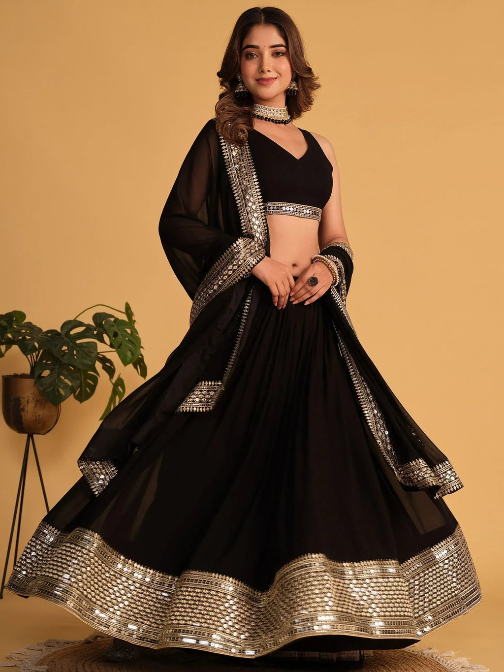 Tulsi Art Beautiful Black Zari Embroidered Georgette Lehenga Choli With Dupatta | Grocsy