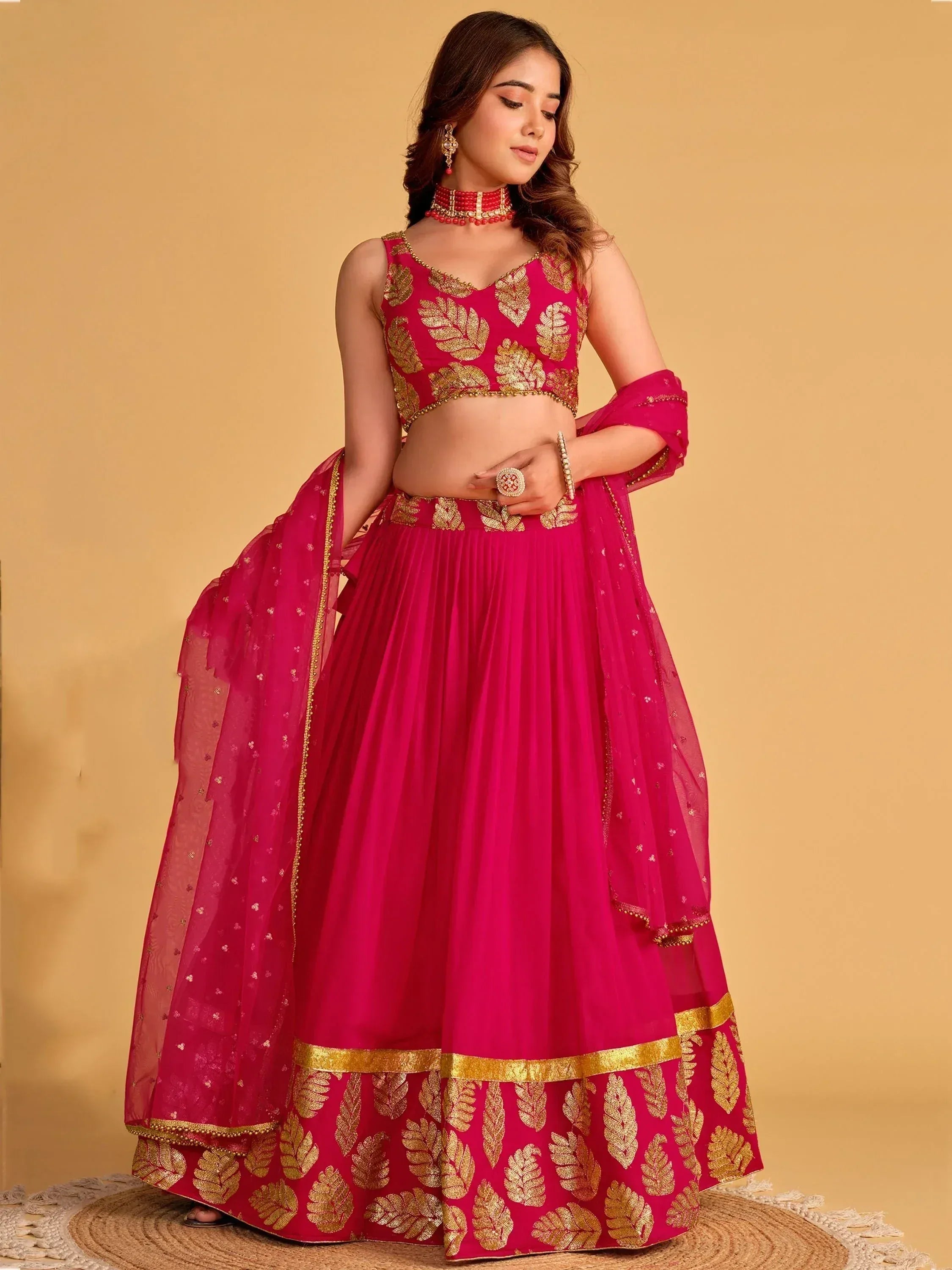 Tulsi Art Fabulous Pink Zari Embroidered Georgette Function Wear Lehenga Choli | Grocsy